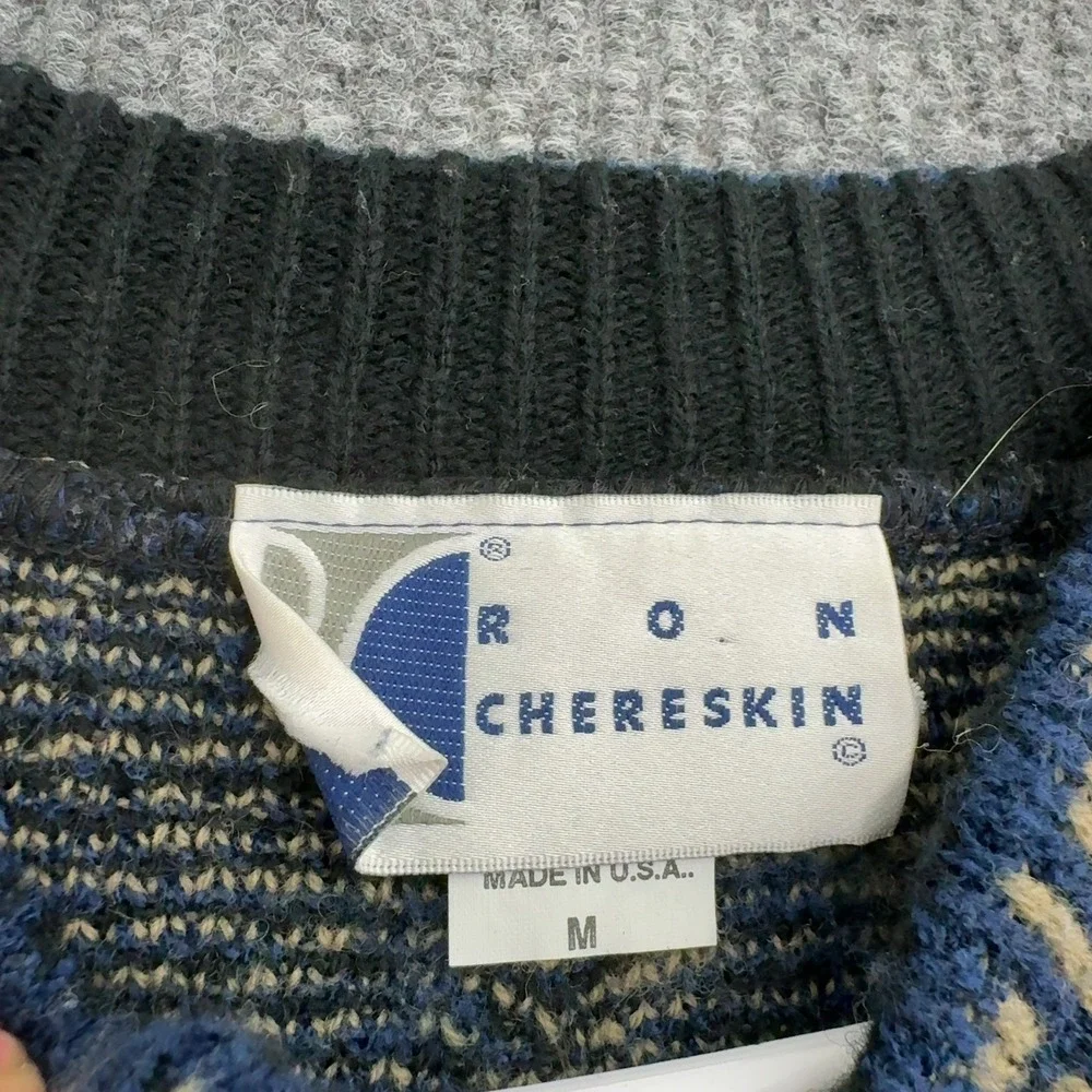 Vintage Ron Chereskin Sweater Mens M Blue Wool Blend Geometric Knit Retro Style